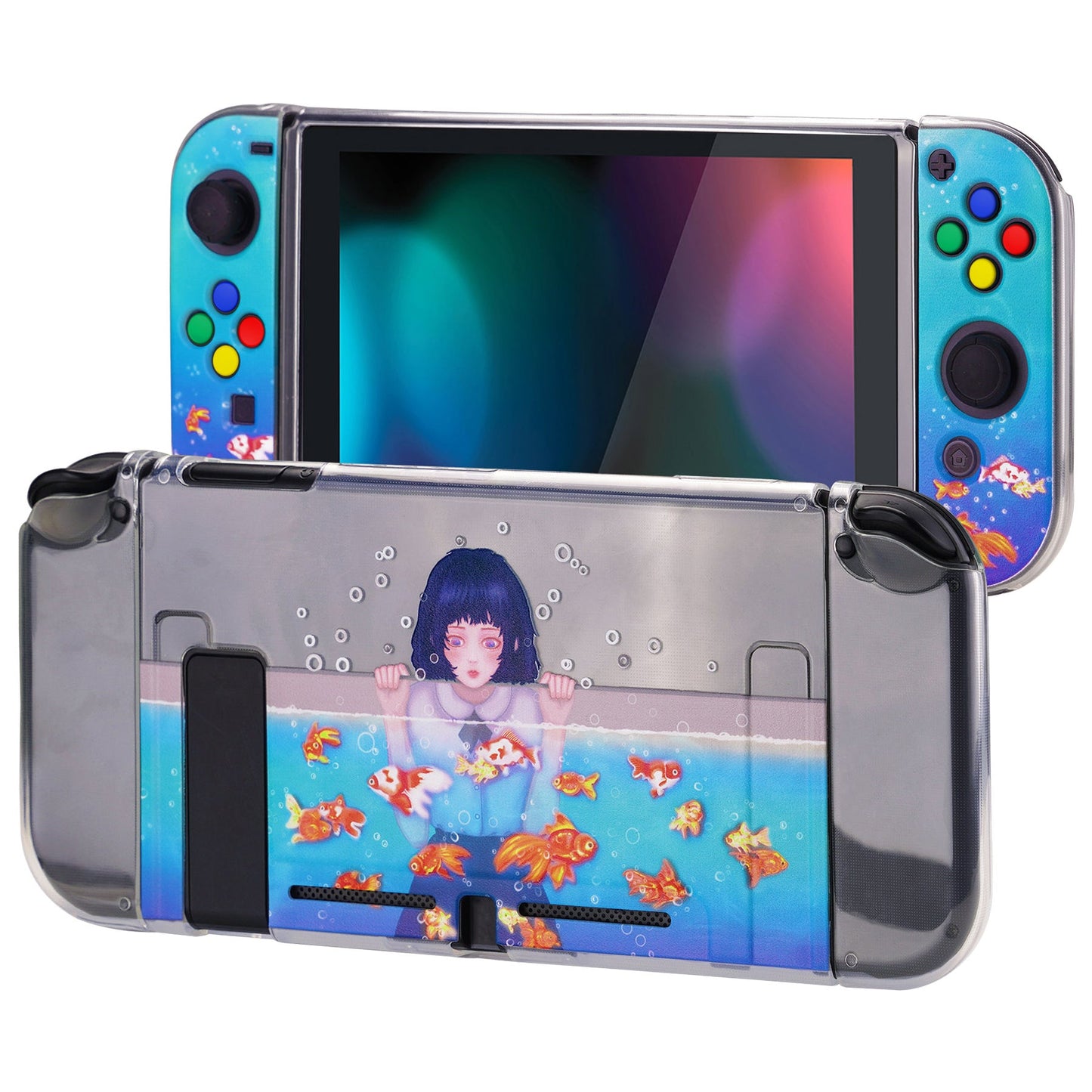 PlayVital ソフト TPU スリム保護ケース、カラフルな ABXY 方向ボタンキャップ付き NS Switch 用【アクアリウムガール】