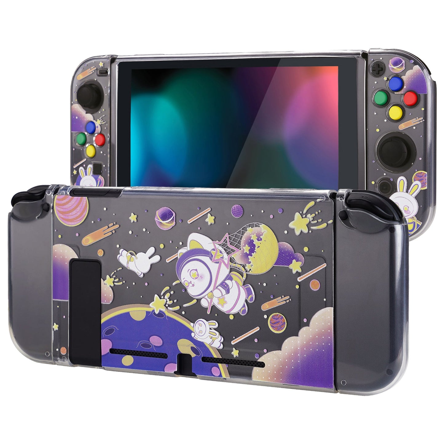 PlayVital ソフト TPU スリム保護ケース、カラフルな ABXY 方向ボタンキャップ付き NS Switch 用【猫ちゃんの宇宙のアドベンチャー】