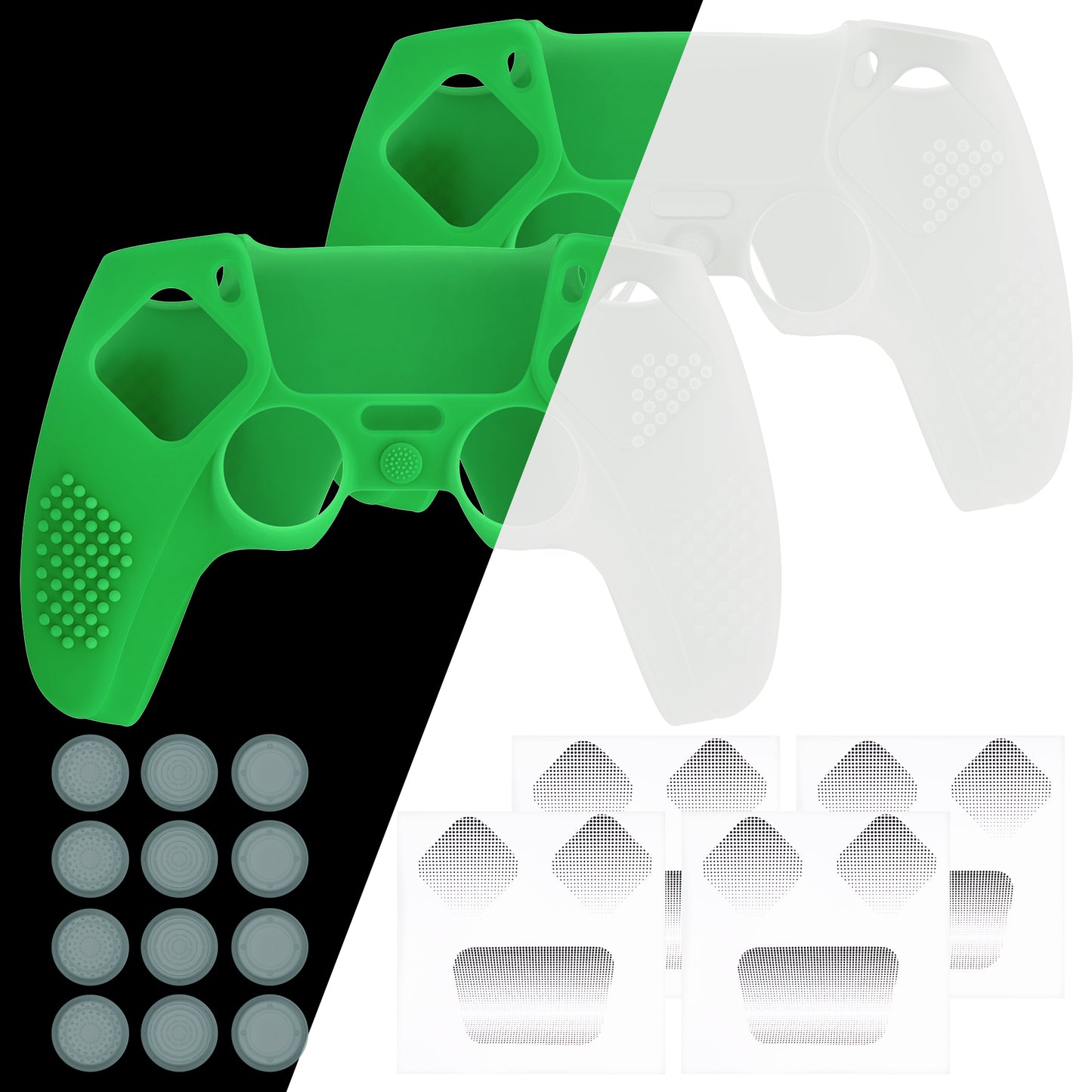 PlayVital 2セット アップグレード版 3Dスタッズ エディション 防滑シリコンカバー スキン (6つのサムグリップ & 2枚のステッカー付き) - PS5 コントローラー用、充電ドック対応【グリーン(グローインダーク)】