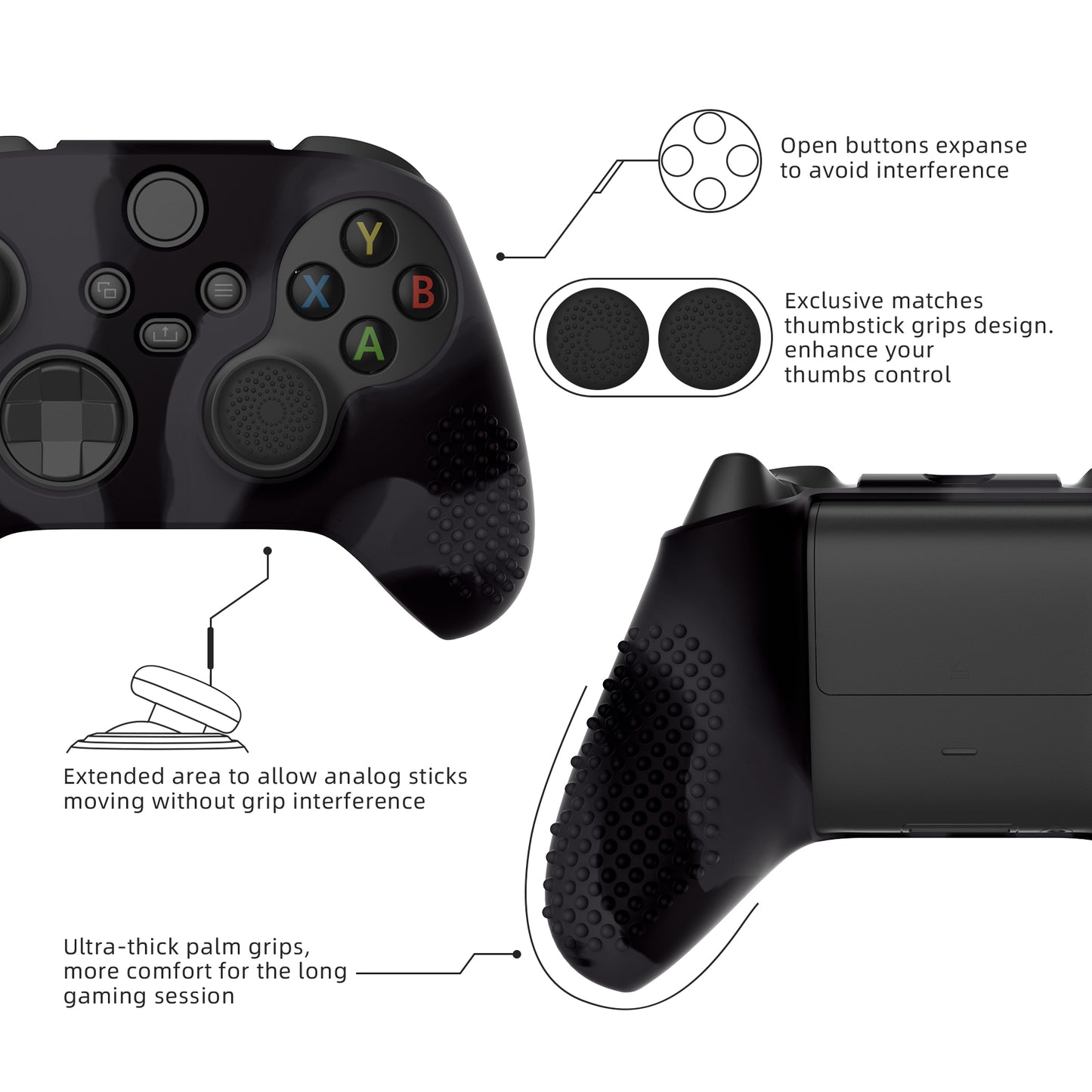 PlayVital 3D スタッドエディション 滑り止めシリコンカバースキン サムグリップキャップ付き Xbox Series X/S コントローラー & Xbox Core ワイヤレスコントローラー用【ダークグレー & ブラック】