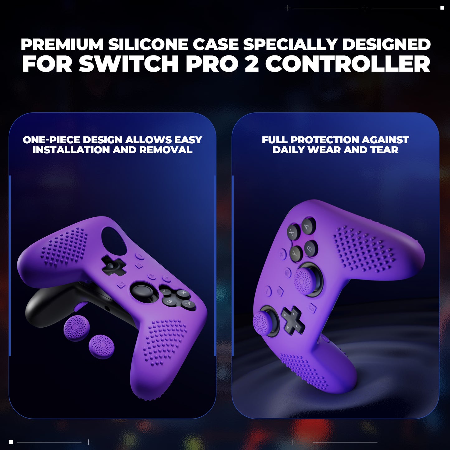 PlayVital 3D スタッズエディション シリコンカバースキン Nintendo Switch 2 Proコントローラー用 背面ボタンキャップ・サムグリップ・ステッカー付き 滑り止めグリッププロテクターケース【パープル】