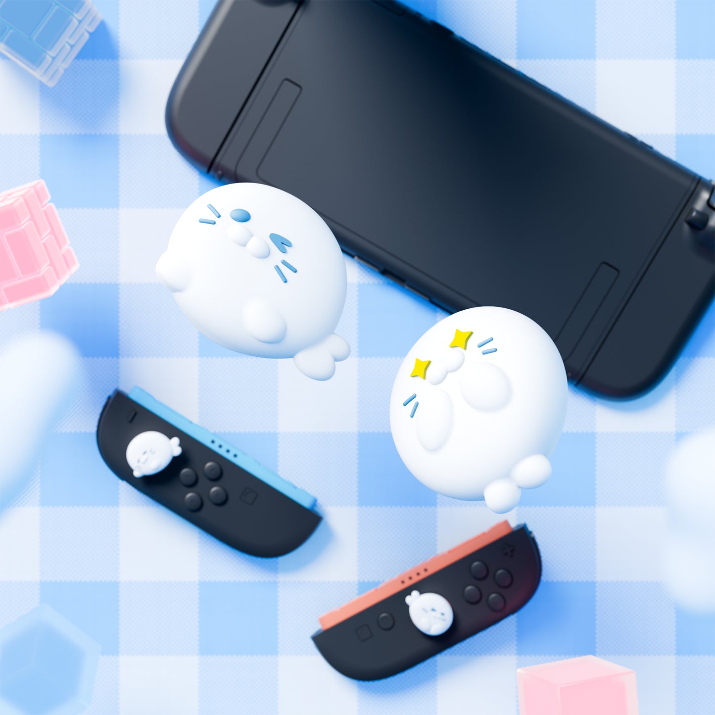 PlayVital Switch 2(2025年新モデル)対応 親指グリップキャップ 4個セット かわいいシリコン製スティックカバー Joycon用 耐久性ある 【キューティーアザラシ隊】
