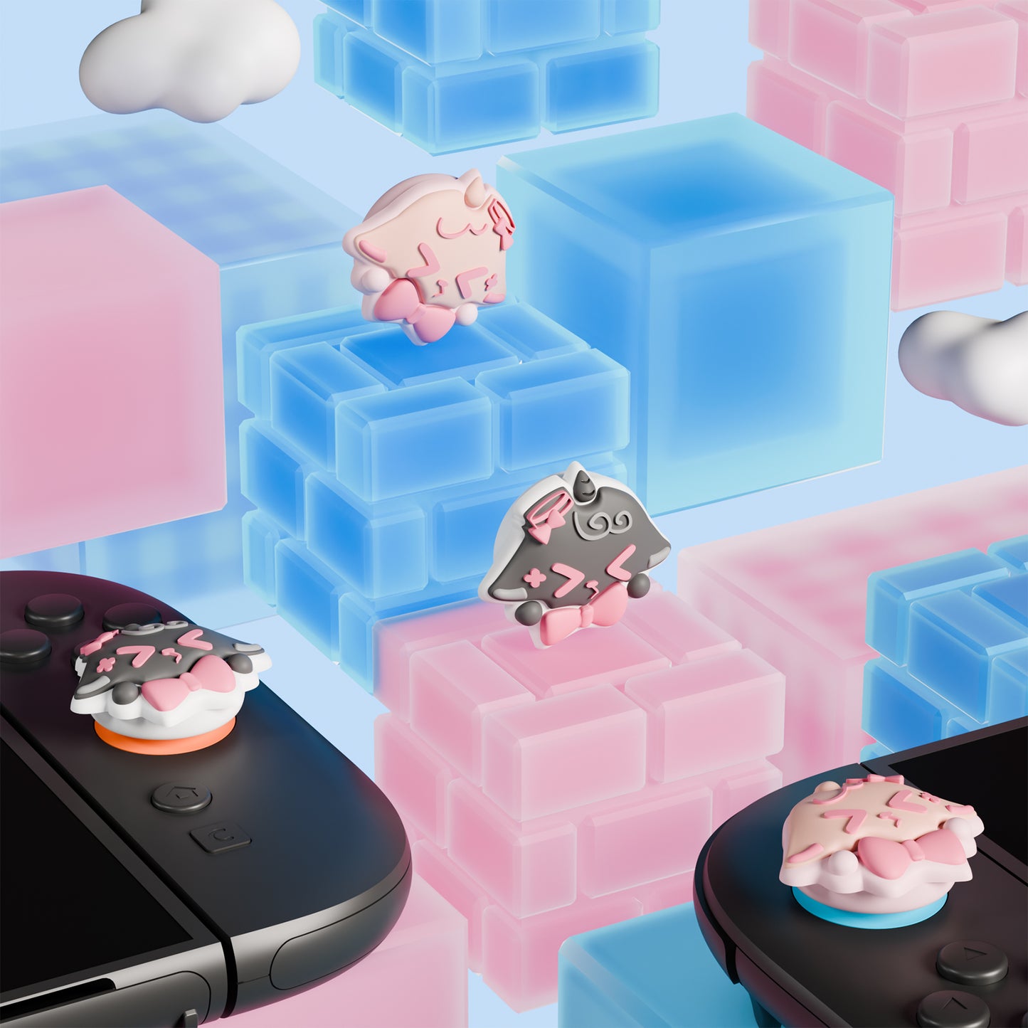 PlayVital Switch 2(2025年新モデル)対応 親指グリップキャップ 4個セット かわいいシリコン製スティックカバー Joycon用 耐久性ある 【ふわリボンひつじ】