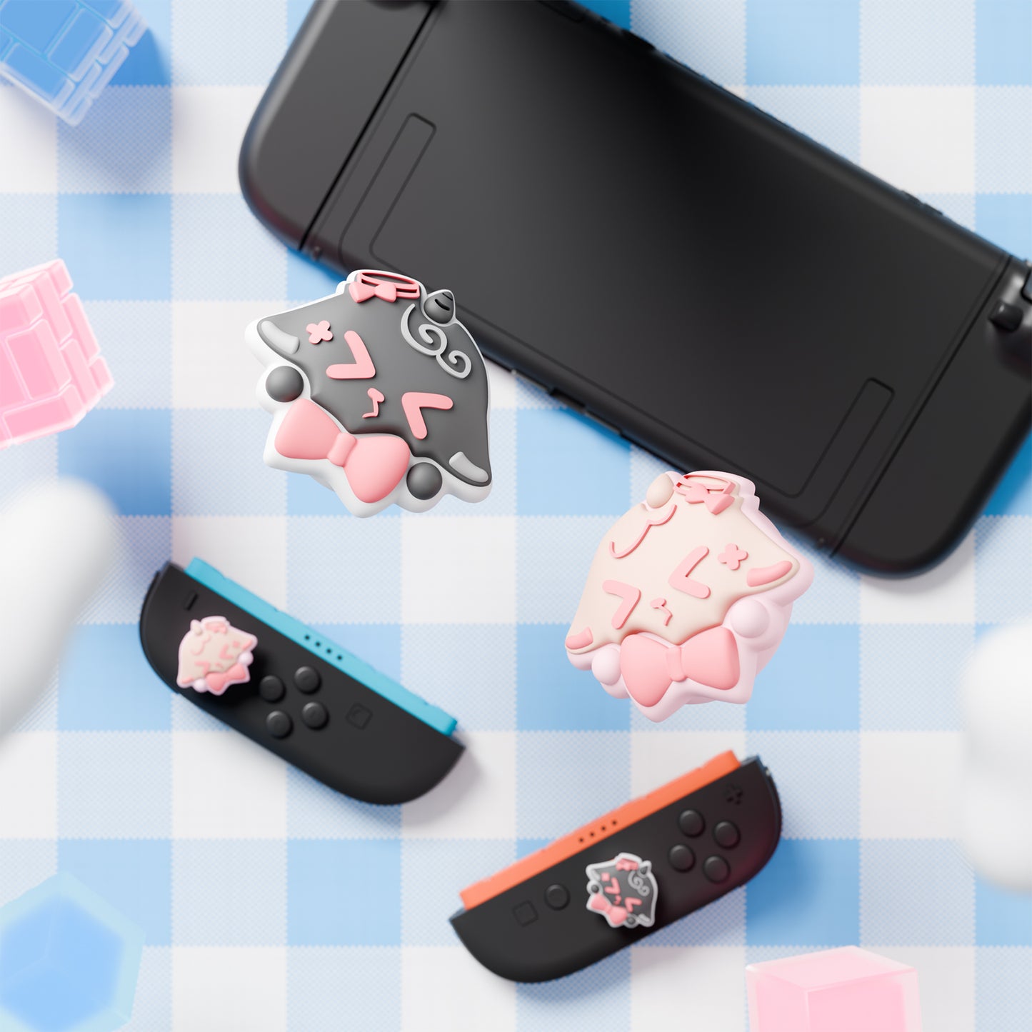 PlayVital Switch 2(2025年新モデル)対応 親指グリップキャップ 4個セット かわいいシリコン製スティックカバー Joycon用 耐久性ある 【ふわリボンひつじ】