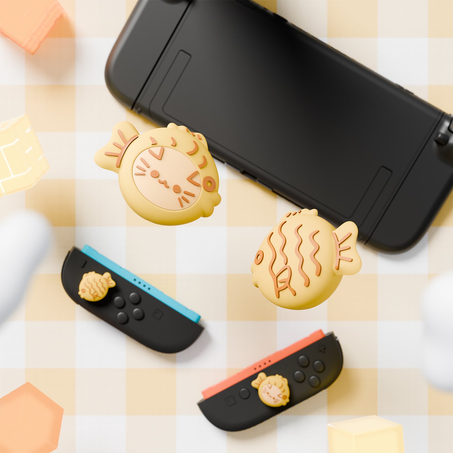 PlayVital Switch 2(2025年新モデル)対応 親指グリップキャップ 4個セット かわいいシリコン製スティックカバー Joycon用 耐久性ある 【鯛焼きや魚の着ぐるみ猫】