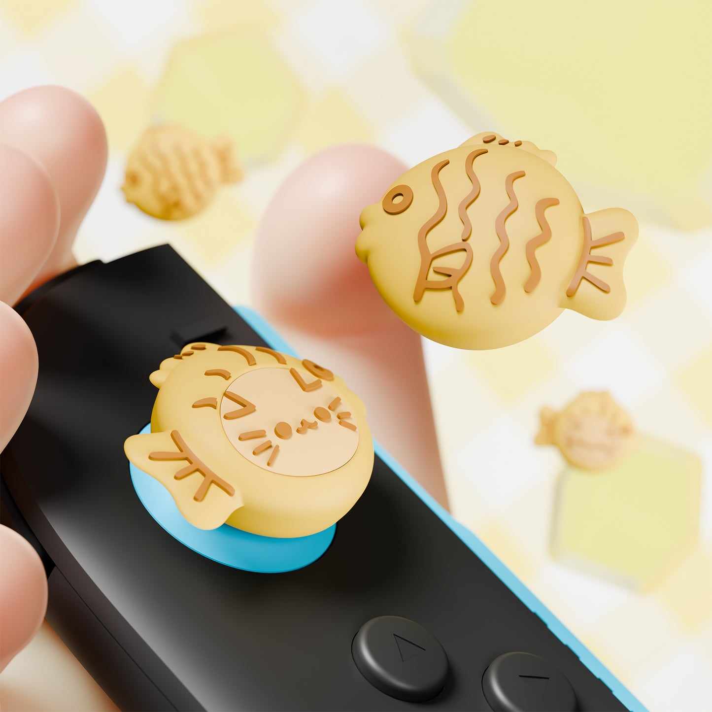 PlayVital Switch 2(2025年新モデル)対応 親指グリップキャップ 4個セット かわいいシリコン製スティックカバー Joycon用 耐久性ある 【鯛焼きや魚の着ぐるみ猫】