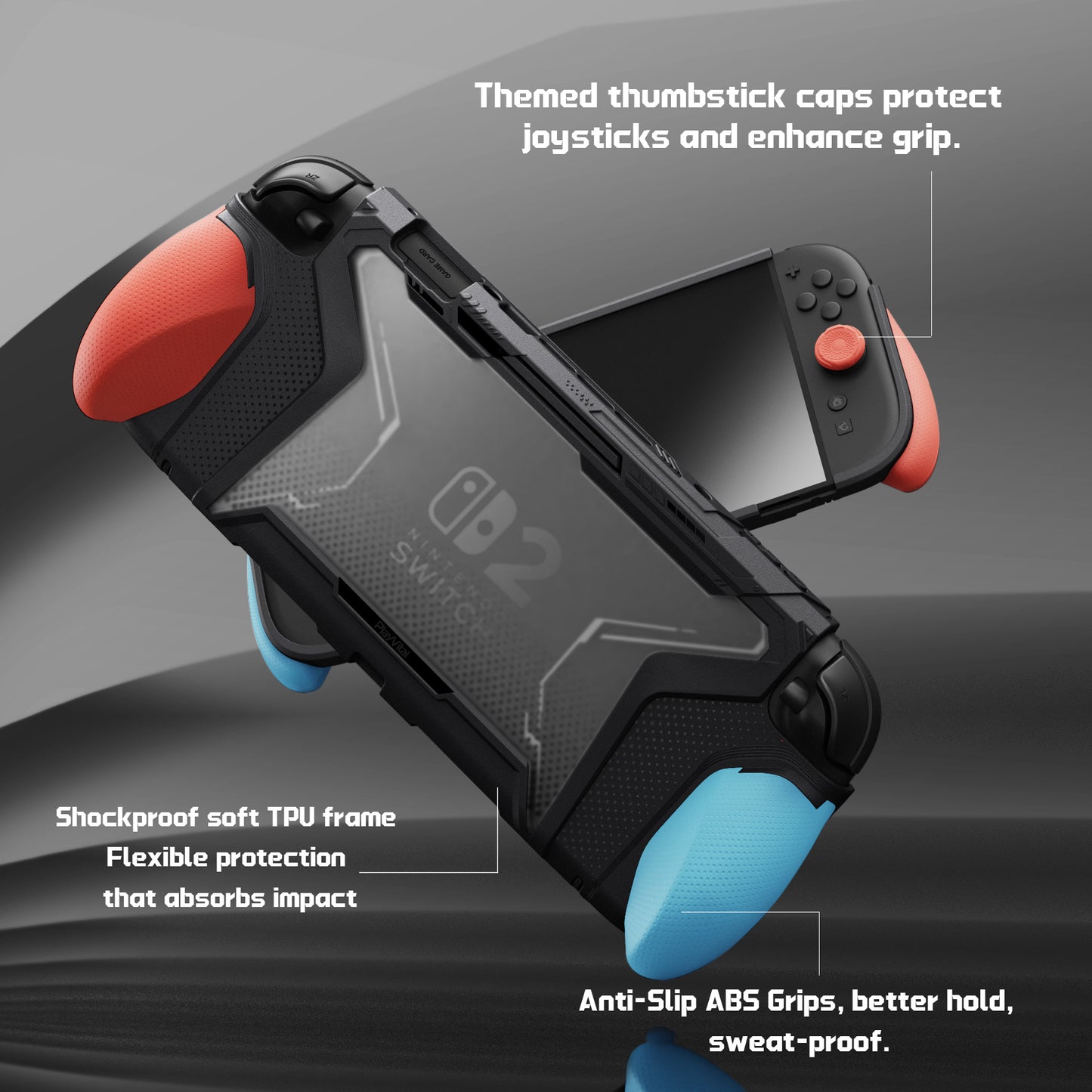 PlayVital BEYOND-GRIP Nintendo Switch 2(2025)対応 交換式グリップ付きTPU保護ケースカバー ドック対応 親指グリップキャップ付き 耐衝撃 人間工学デザイン【ブルー&オレンジ】