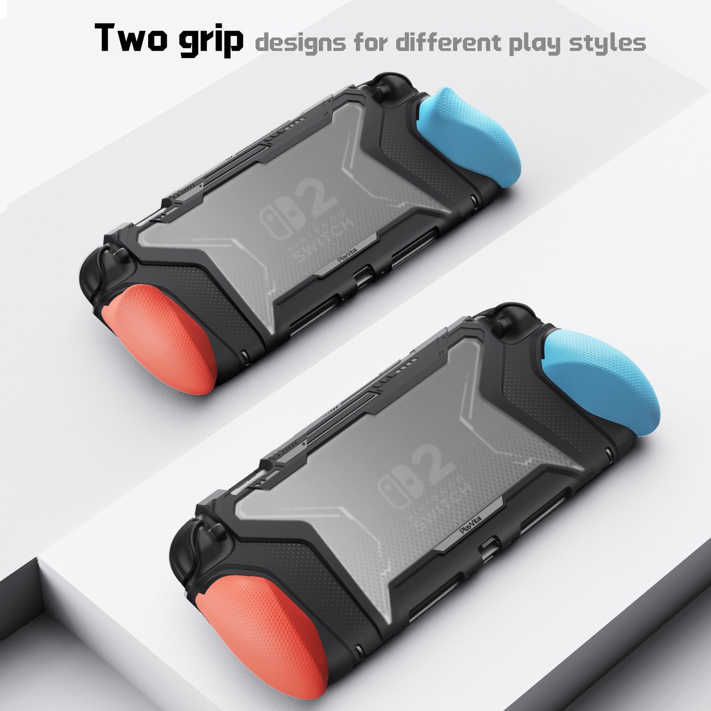 PlayVital BEYOND-GRIP Nintendo Switch 2(2025)対応 交換式グリップ付きTPU保護ケースカバー ドック対応 親指グリップキャップ付き 耐衝撃 人間工学デザイン【ブルー&オレンジ】