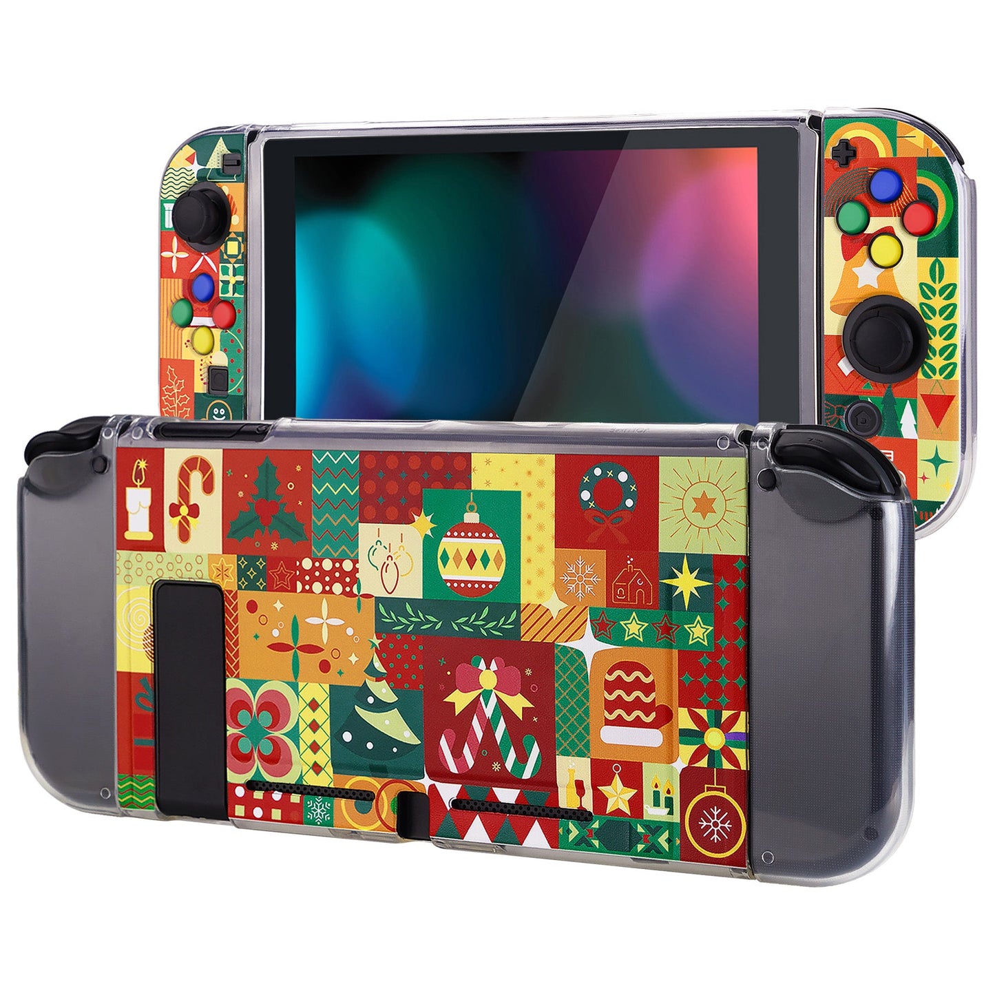 PlayVital ソフト TPU スリム保護ケース、カラフルな ABXY 方向ボタンキャップ付き NS Switch 用【クリスマスラップ】