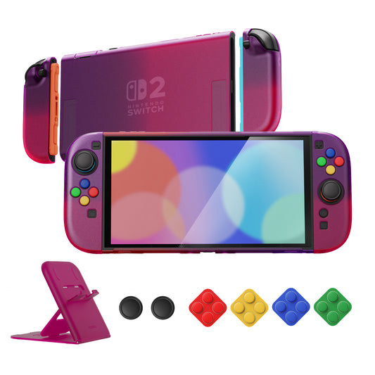PlayVital クリアシリーズ Switch 2(2025)対応 透明ハードシェルケース ドック対応 傷防止タイプ グリップ付き保護カバー 折りたたみスタンド&親指グリップ付属【クリア アトミックパープル&ローズレッド】