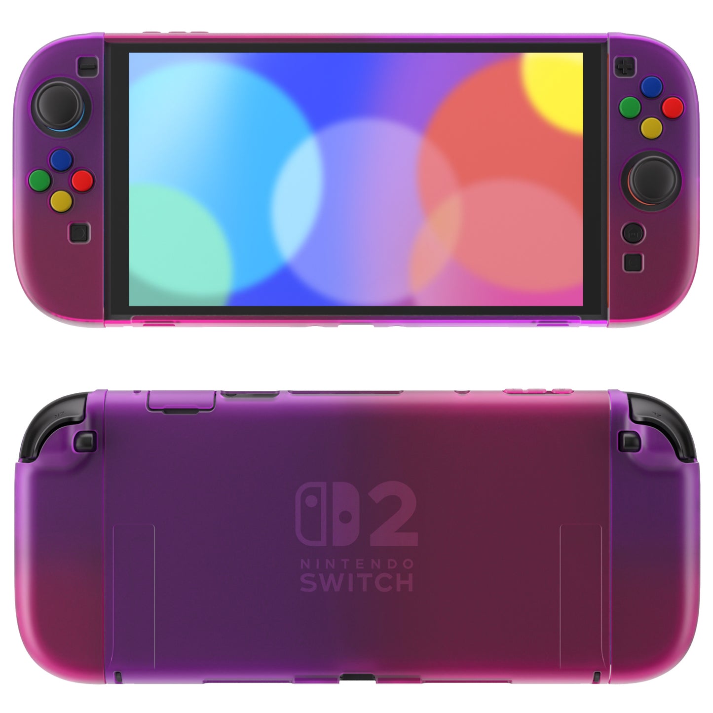 PlayVital クリアシリーズ Switch 2(2025)対応 透明ハードシェルケース ドック対応 傷防止タイプ グリップ付き保護カバー 折りたたみスタンド&親指グリップ付属【クリア アトミックパープル&ローズレッド】