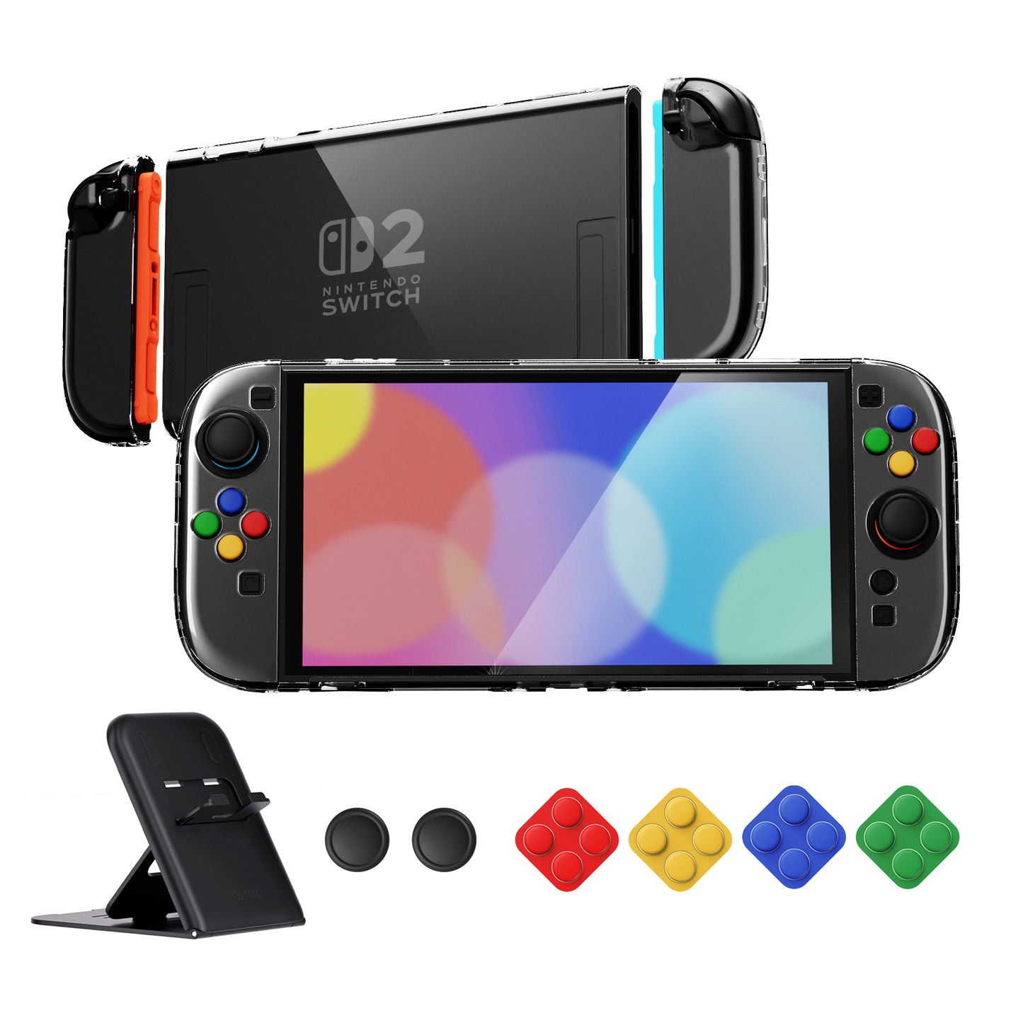 PlayVital クリアシリーズ Switch 2(2025)対応 透明ハードシェルケース ドック対応 傷防止タイプ グリップ付き保護カバー 折りたたみスタンド&親指グリップ付属【クリア】
