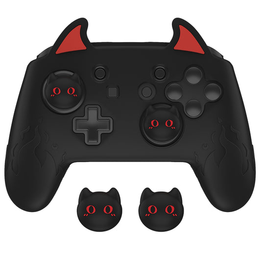 PlayVital かわいいデーモン シリコングリップカバー(サムグリップとステッカー付き) Nintendo Switch Pro コントローラー用【ブラック】