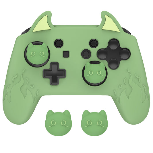 PlayVital かわいいデーモン シリコングリップカバー(サムグリップとステッカー付き) Nintendo Switch Pro コントローラー用【抹茶グリーン】
