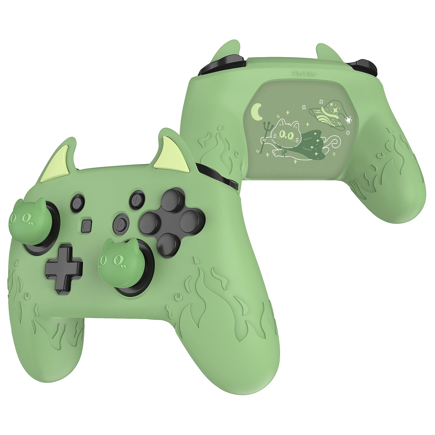 PlayVital かわいいデーモン シリコングリップカバー(サムグリップとステッカー付き) Nintendo Switch Pro コントローラー用【抹茶グリーン】