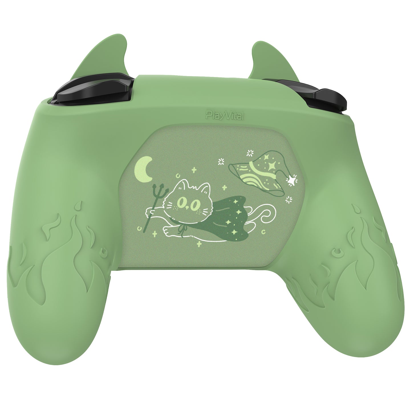PlayVital かわいいデーモン シリコングリップカバー(サムグリップとステッカー付き) Nintendo Switch Pro コントローラー用【抹茶グリーン】