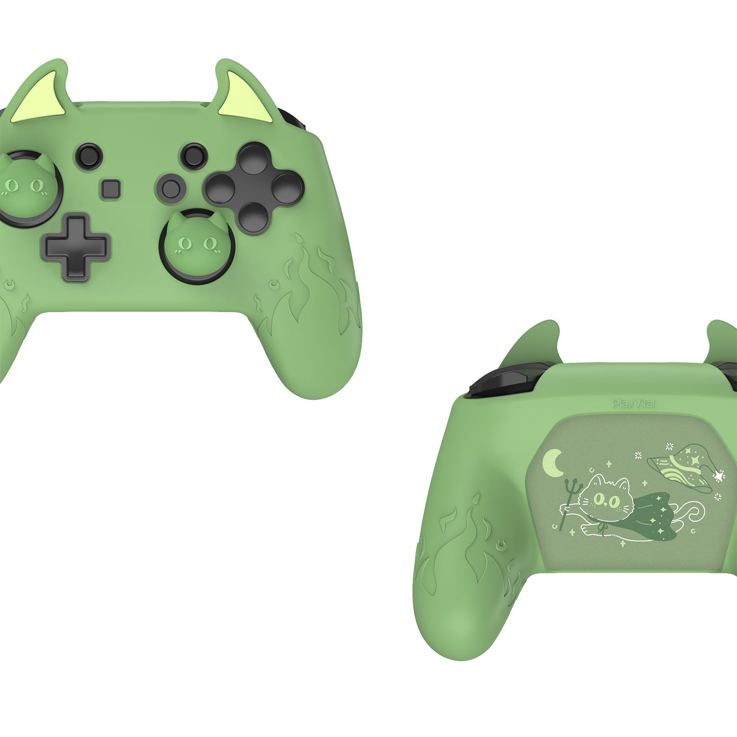 PlayVital かわいいデーモン シリコングリップカバー(サムグリップとステッカー付き) Nintendo Switch Pro コントローラー用【抹茶グリーン】