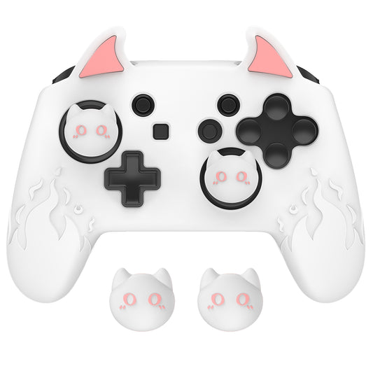 PlayVital かわいいデーモン シリコングリップカバー(サムグリップとステッカー付き) Nintendo Switch Pro コントローラー用【ホワイト】