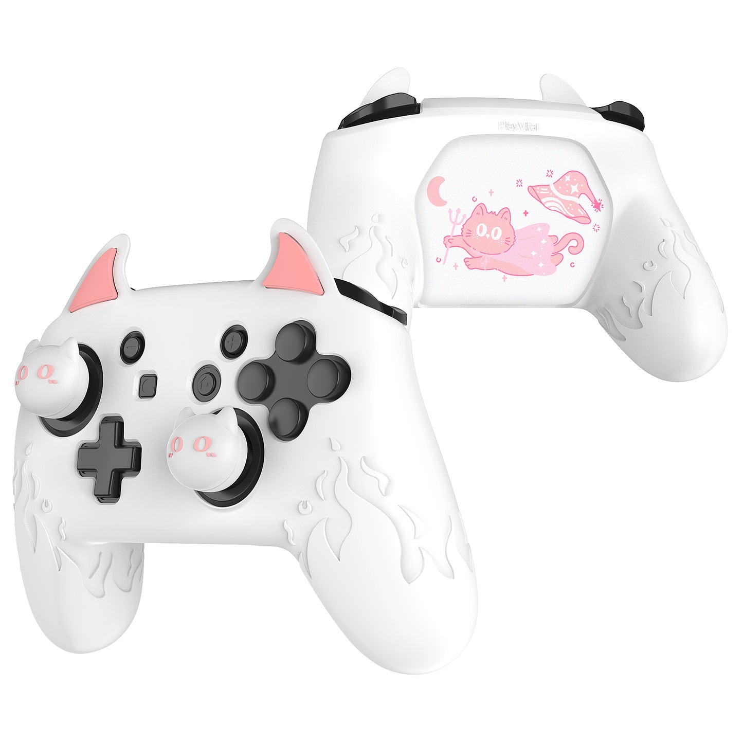 PlayVital かわいいデーモン シリコングリップカバー(サムグリップとステッカー付き) Nintendo Switch Pro コントローラー用【ホワイト】