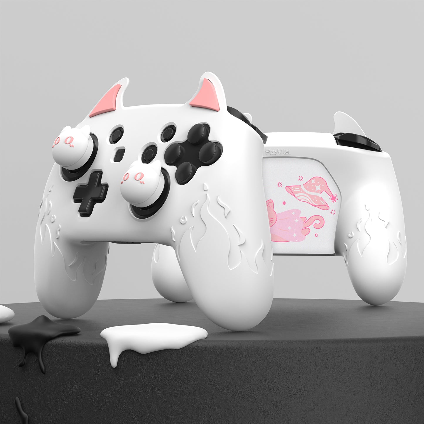 PlayVital かわいいデーモン シリコングリップカバー(サムグリップとステッカー付き) Nintendo Switch Pro コントローラー用【ホワイト】
