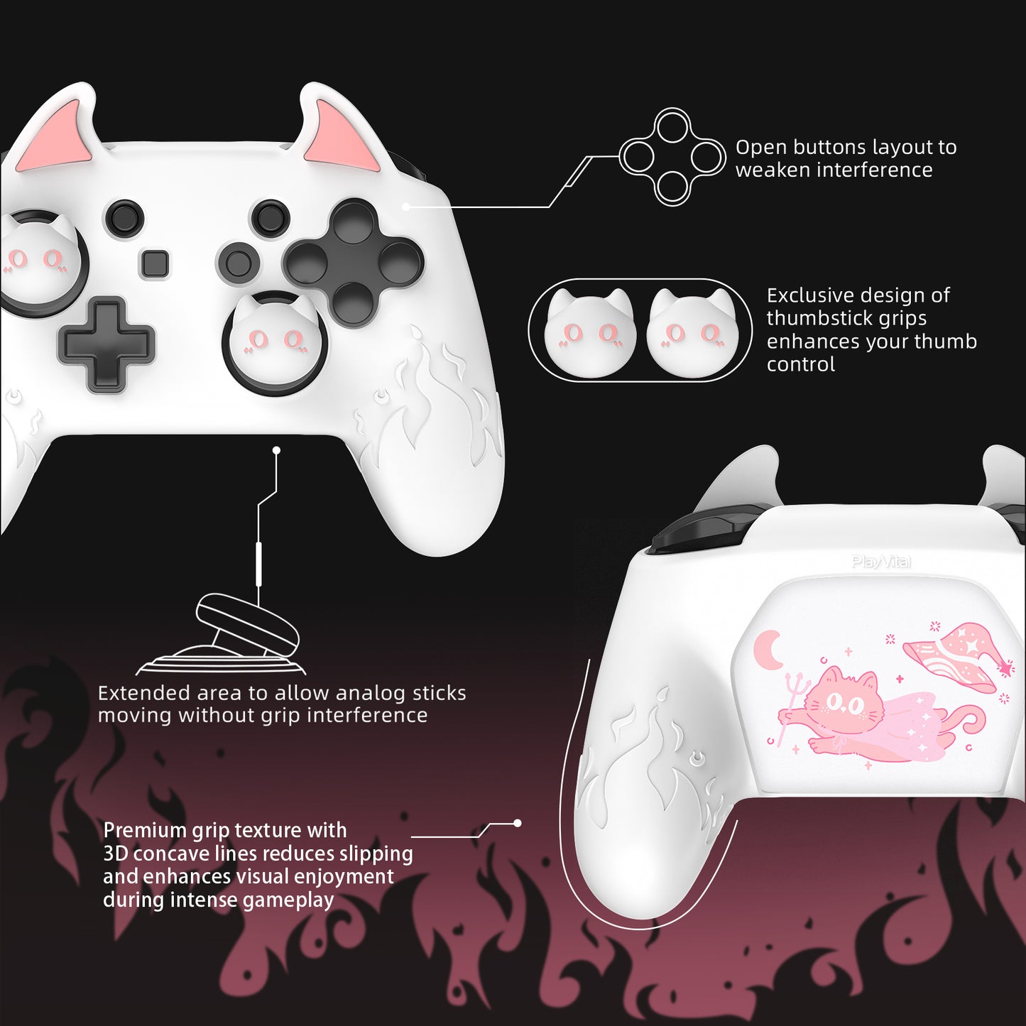 PlayVital かわいいデーモン シリコングリップカバー(サムグリップとステッカー付き) Nintendo Switch Pro コントローラー用【ホワイト】