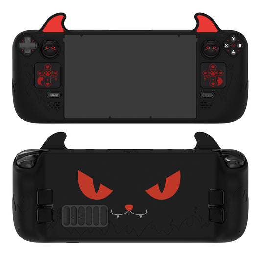 PlayVital Steam Deck LCD&OLED対応可愛い悪魔風保護カバーサムグリップキャップ&トラックパッドステッカー&バックボタン強化セット付属 耐衝撃【ブラック】