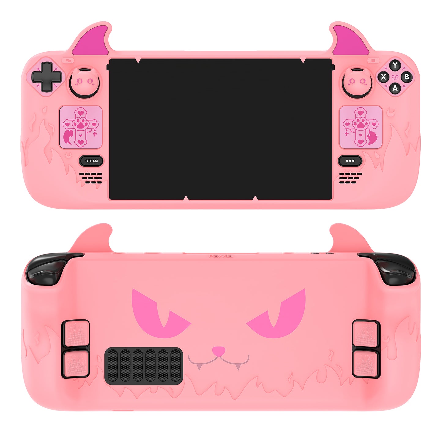 PlayVital キュートデーモンプロテクティブケース(サムグリップキャップ付き) スチームデッキLCD&OLED用【ピンク】