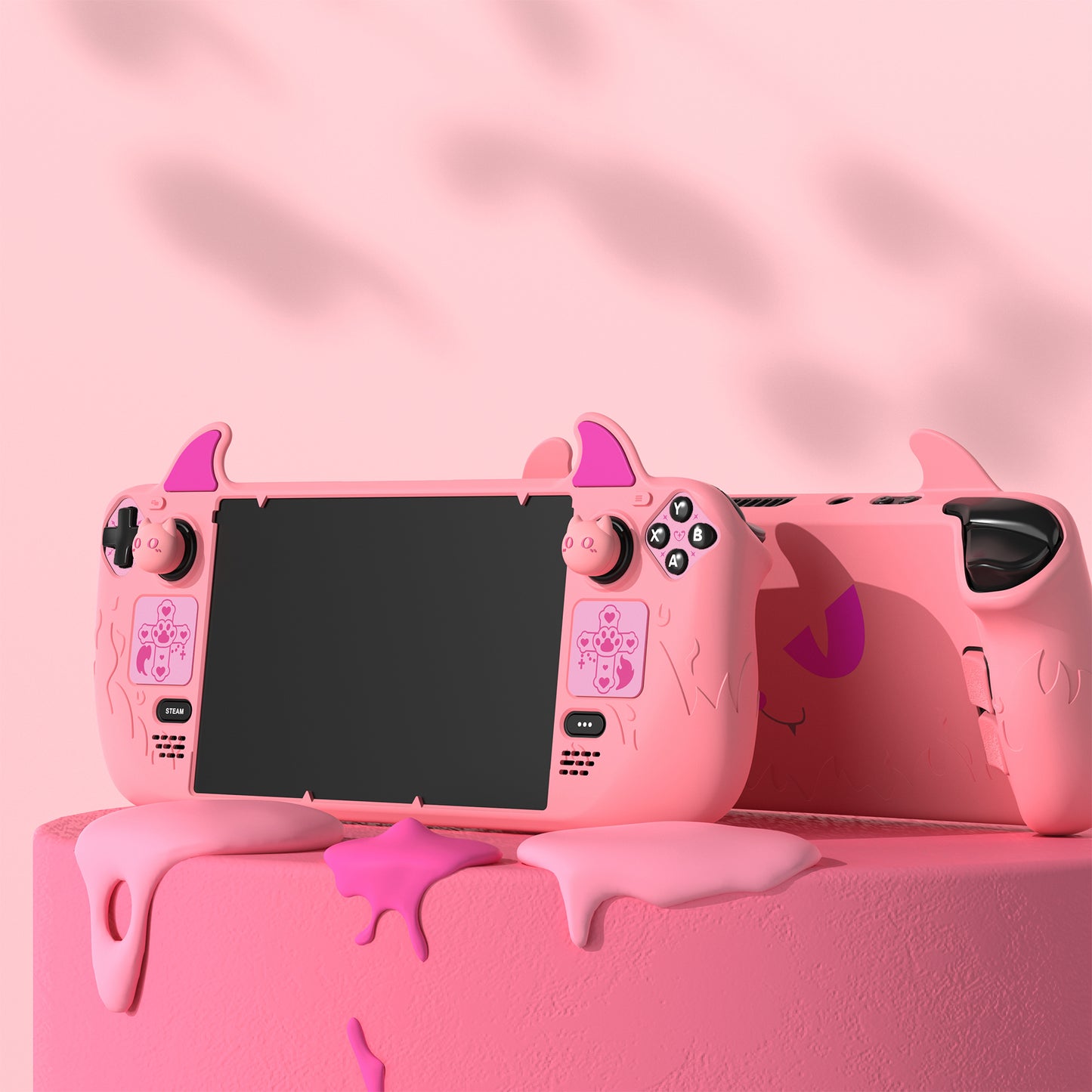 PlayVital キュートデーモンプロテクティブケース(サムグリップキャップ付き) スチームデッキLCD&OLED用【ピンク】