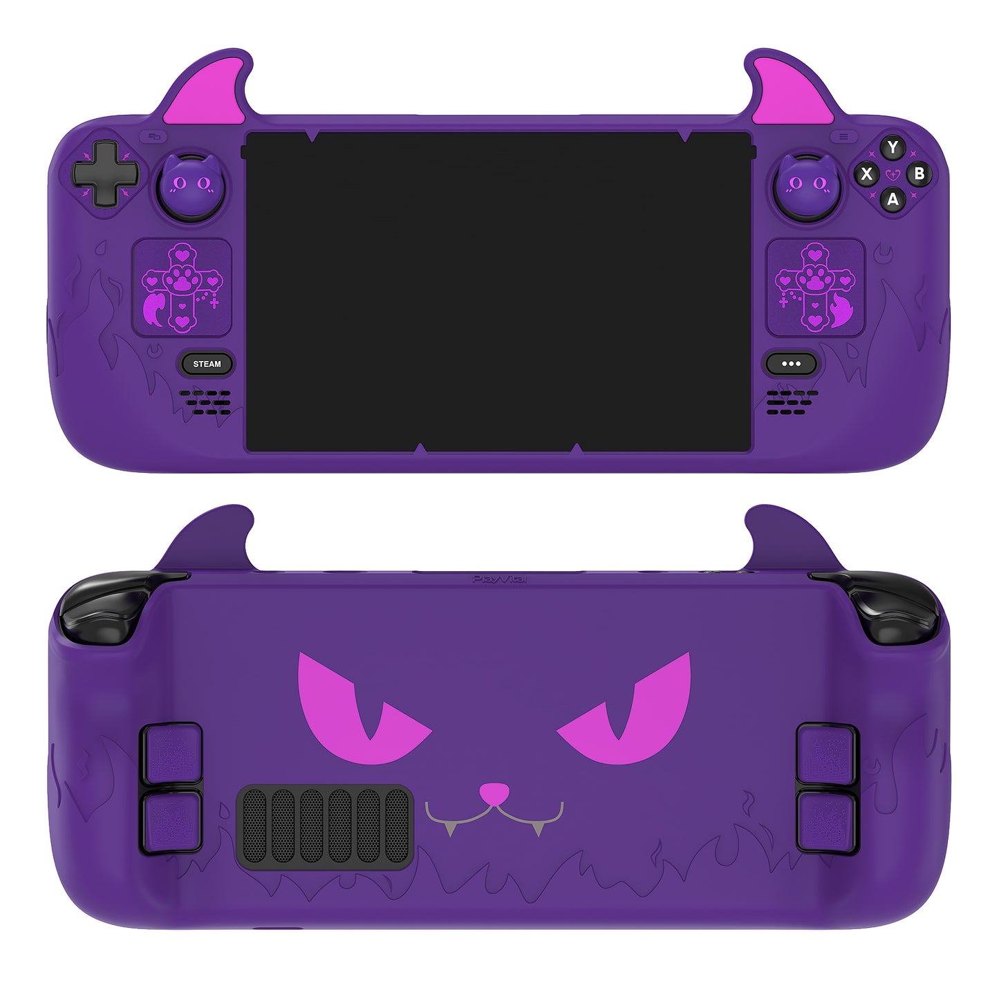 PlayVital Steam Deck LCD&OLED対応可愛い悪魔風保護カバーサムグリップキャップ&トラックパッドステッカー&バックボタン強化セット付属 耐衝撃【パープル】