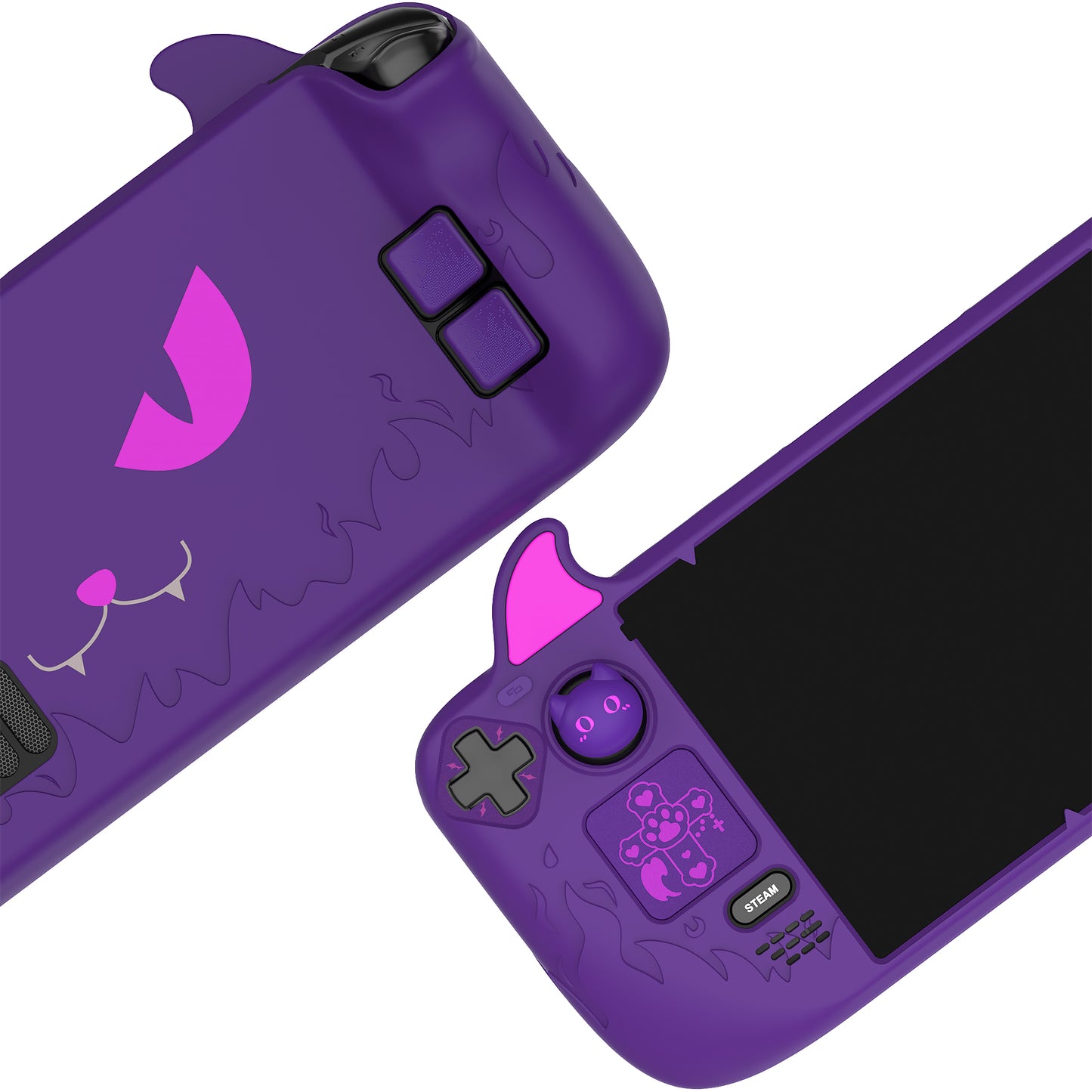 PlayVital Steam Deck LCD&OLED対応可愛い悪魔風保護カバーサムグリップキャップ&トラックパッドステッカー&バックボタン強化セット付属 耐衝撃【パープル】