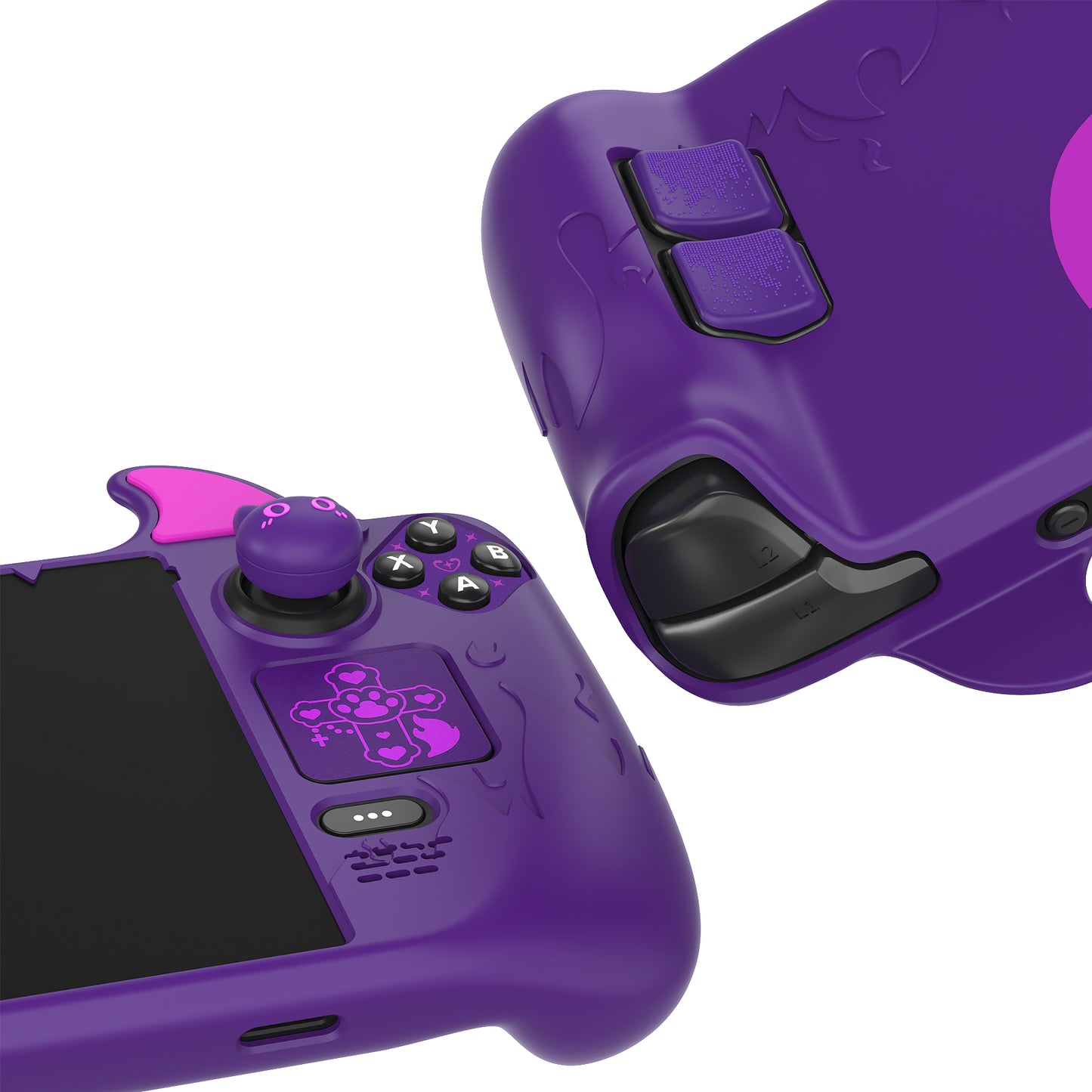 PlayVital Steam Deck LCD&OLED対応可愛い悪魔風保護カバーサムグリップキャップ&トラックパッドステッカー&バックボタン強化セット付属 耐衝撃【パープル】