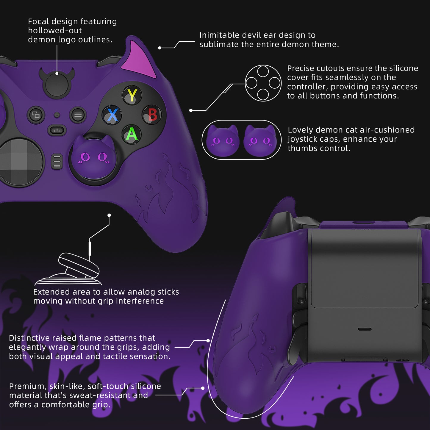 PlayVital かわいいデーモン シリコンケースカバー(サムグリップキャップ付き) Xbox Elite Series 2 コントローラー& Xbox Elite Series 2 コアコントローラー用【パープル】