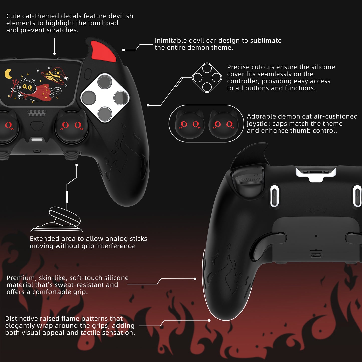 PlayVital キュートデーモン シリコンカバー(タッチパッドステッカー&サムグリップキャップ付き)PS5 Edge コントローラー用【ブラック】