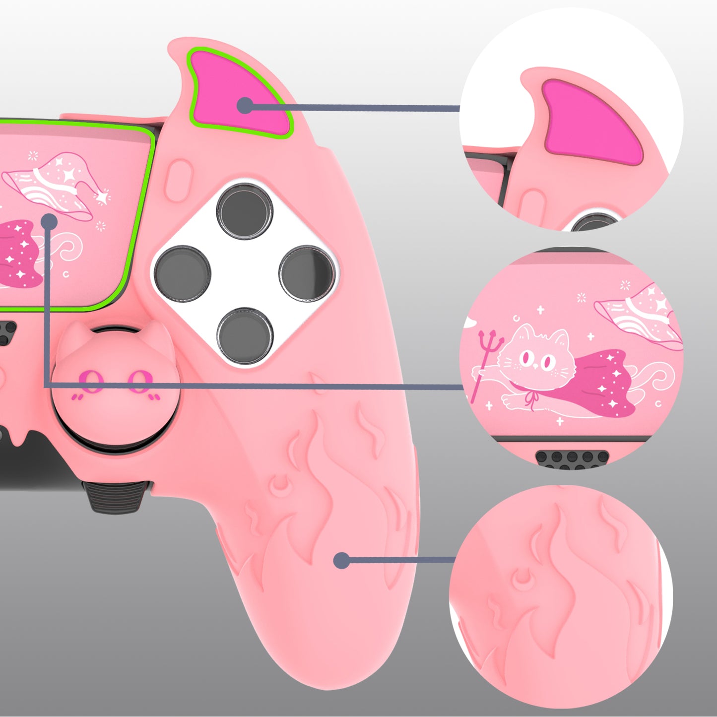 PlayVital キュートデーモン シリコンカバー(タッチパッドステッカー&サムグリップキャップ付き)PS5 Edge コントローラー用【ピンク】