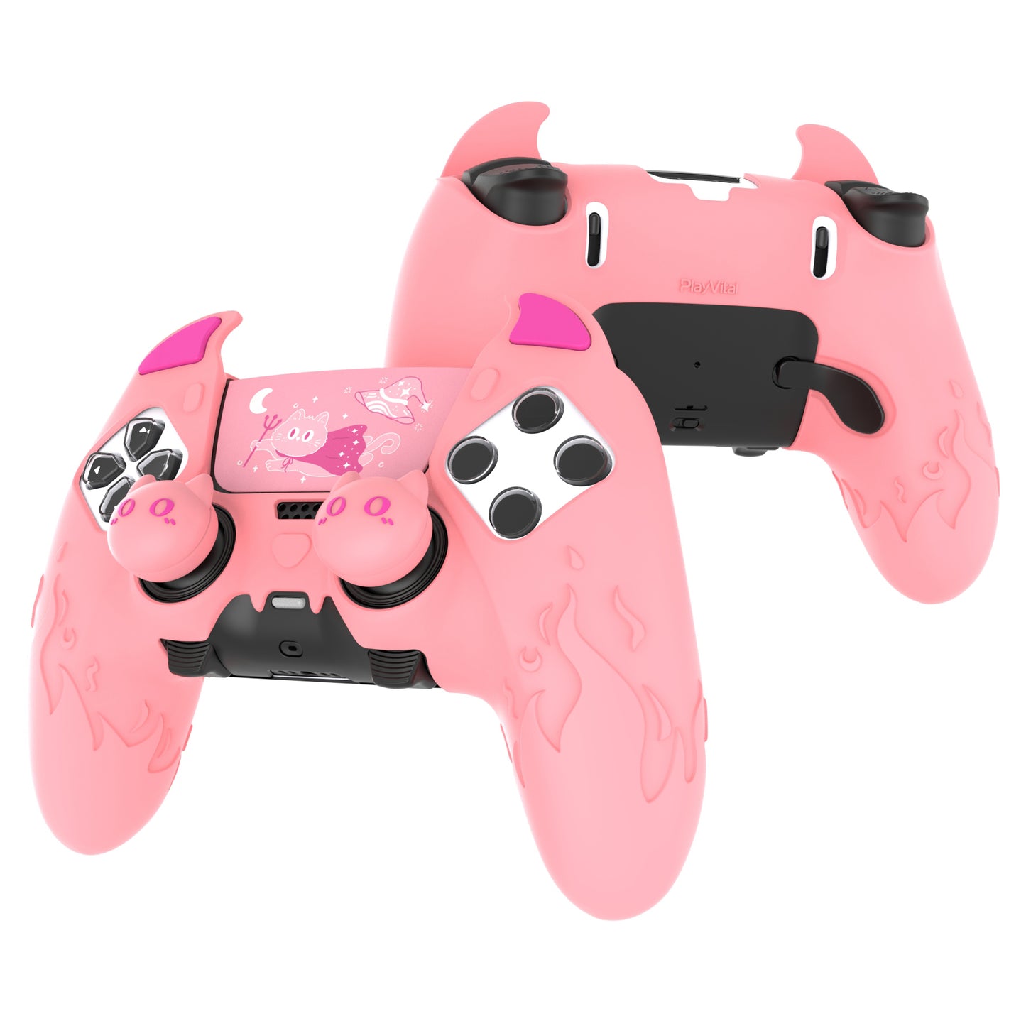 PlayVital キュートデーモン シリコンカバー(タッチパッドステッカー&サムグリップキャップ付き)PS5 Edge コントローラー用【ピンク】