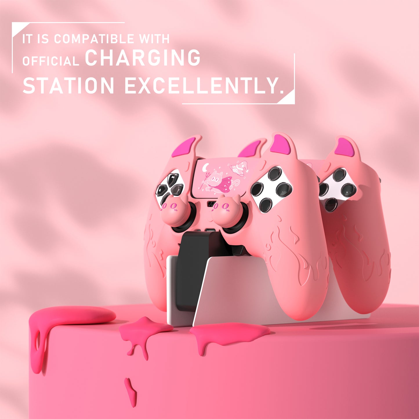 PlayVital キュートデーモン シリコンカバー(タッチパッドステッカー&サムグリップキャップ付き)PS5 Edge コントローラー用【ピンク】