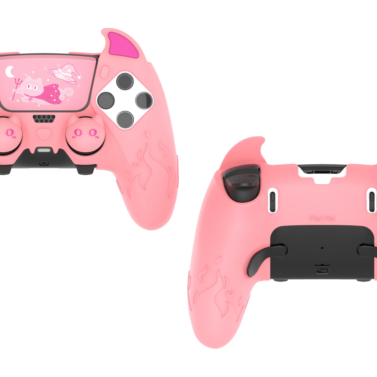 PlayVital キュートデーモン シリコンカバー(タッチパッドステッカー&サムグリップキャップ付き)PS5 Edge コントローラー用【ピンク】