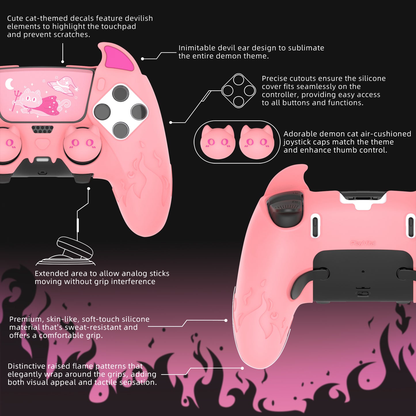 PlayVital キュートデーモン シリコンカバー(タッチパッドステッカー&サムグリップキャップ付き)PS5 Edge コントローラー用【ピンク】