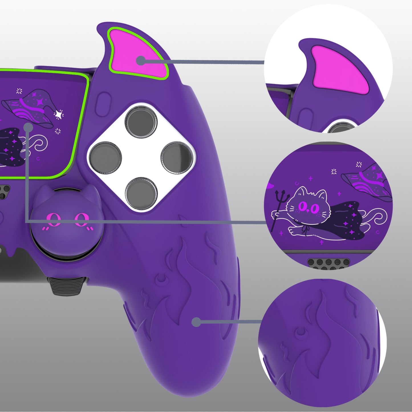 PlayVital キュートデーモン シリコンカバー(タッチパッドステッカー&サムグリップキャップ付き)PS5 Edge コントローラー用【パープル】