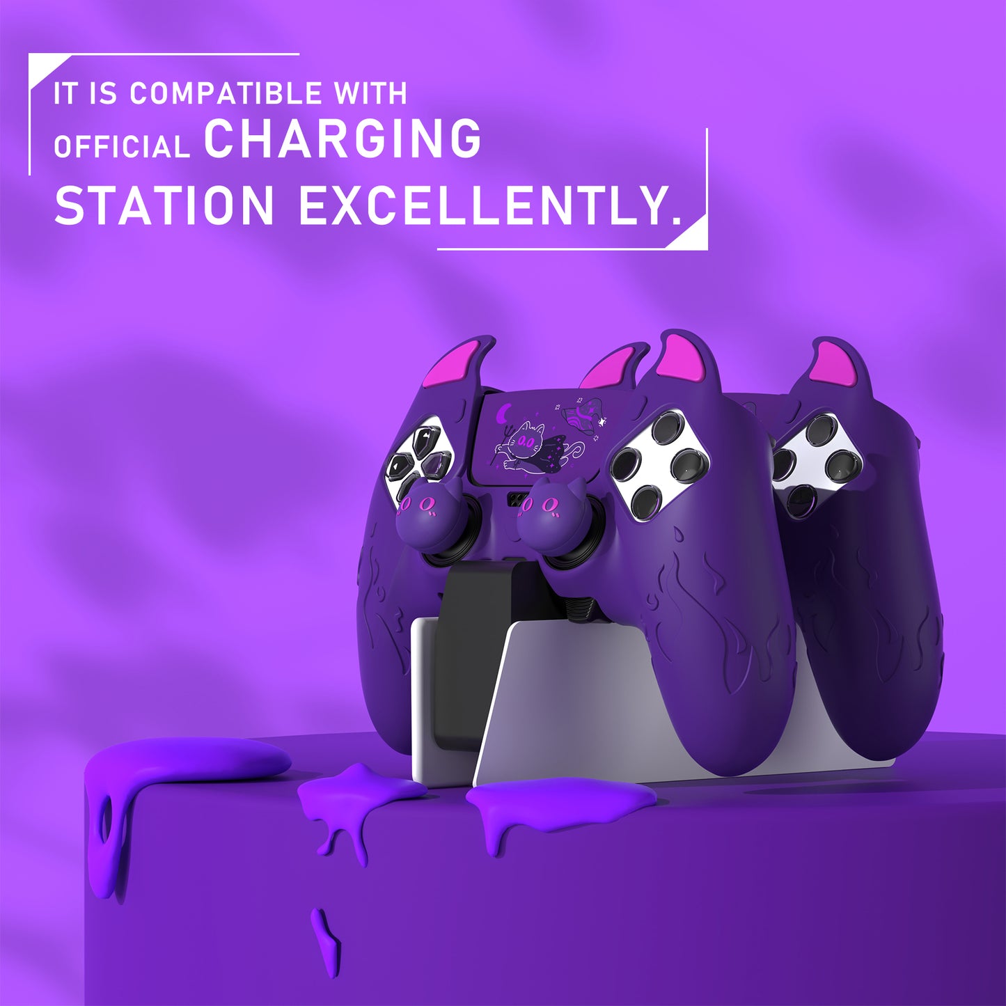 PlayVital キュートデーモン シリコンカバー(タッチパッドステッカー&サムグリップキャップ付き)PS5 Edge コントローラー用【パープル】