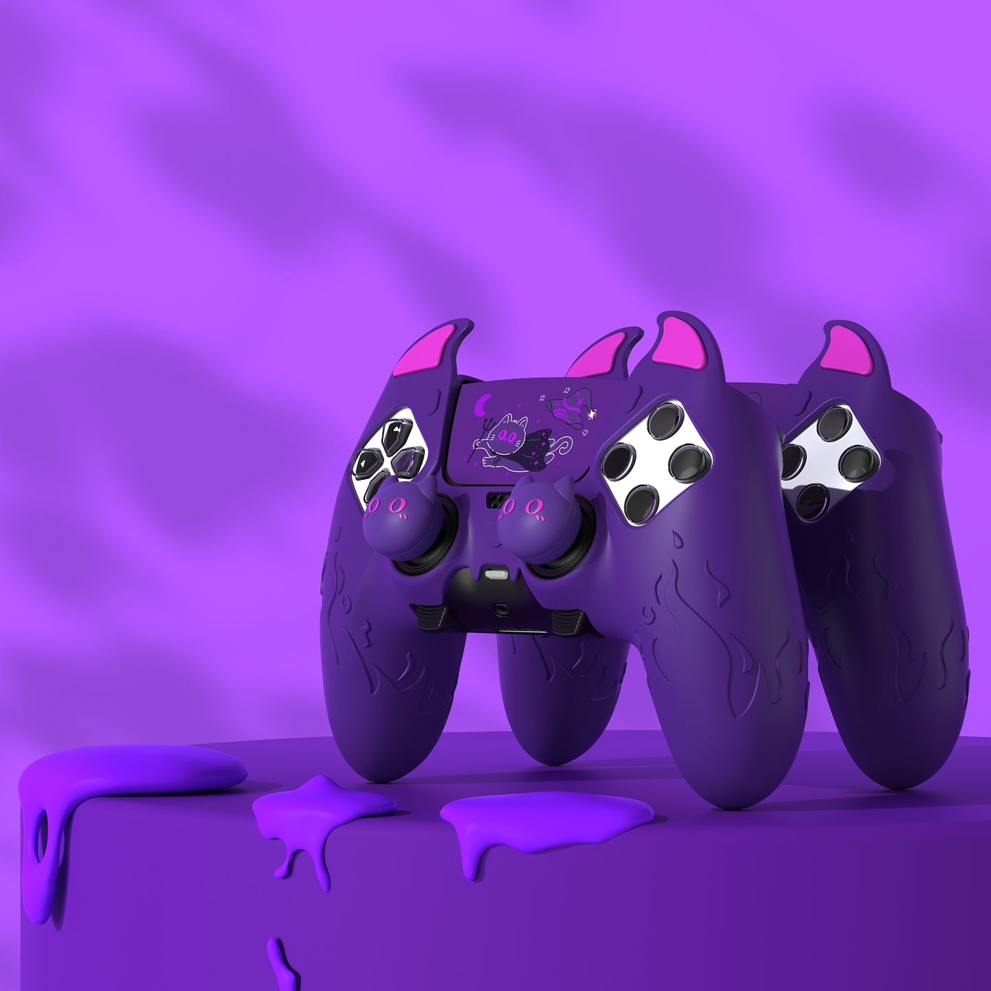PlayVital キュートデーモン シリコンカバー(タッチパッドステッカー&サムグリップキャップ付き)PS5 Edge コントローラー用【パープル】