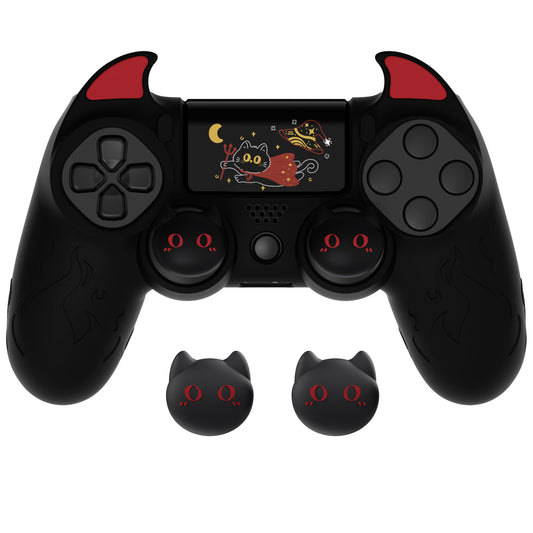 PlayVital キュートデーモン シリコンカバー グリッププロテクター サムグリップ&ステッカー付き PS4コントローラー用【ブラック】