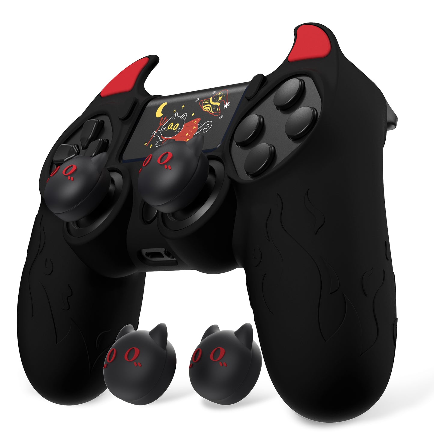 PlayVital キュートデーモン シリコンカバー グリッププロテクター サムグリップ&ステッカー付き PS4コントローラー用【ブラック】
