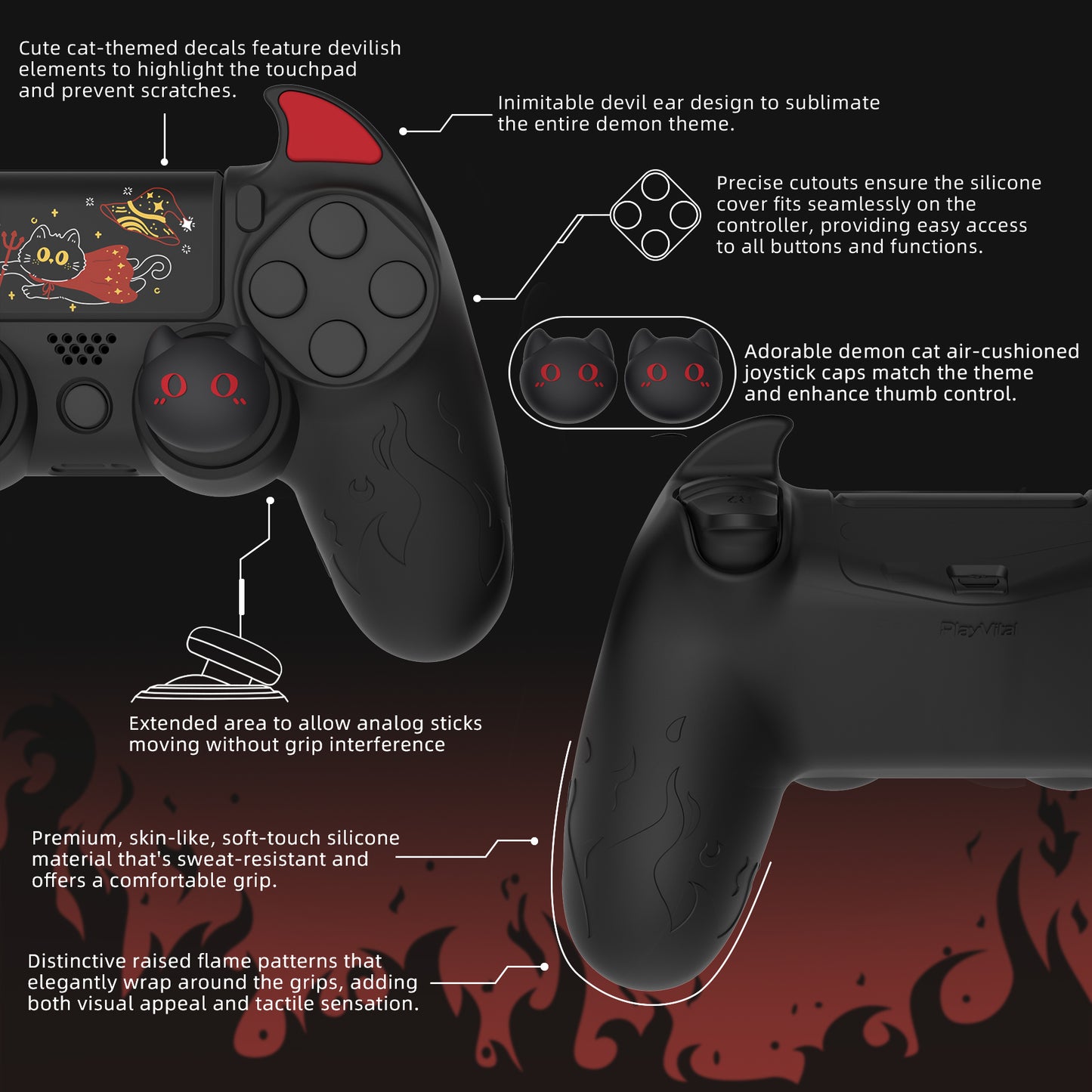 PlayVital キュートデーモン シリコンカバー グリッププロテクター サムグリップ&ステッカー付き PS4コントローラー用【ブラック】