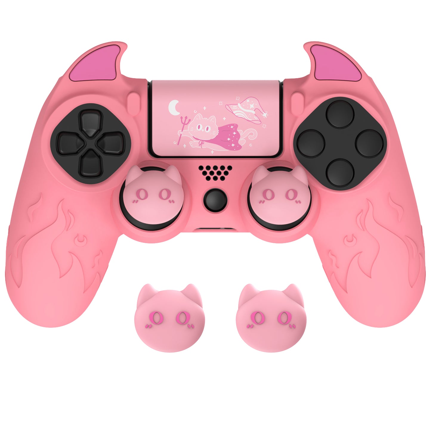 PlayVital キュートデーモン シリコンカバー グリッププロテクター サムグリップ&ステッカー付き PS4コントローラー用【ピンク】