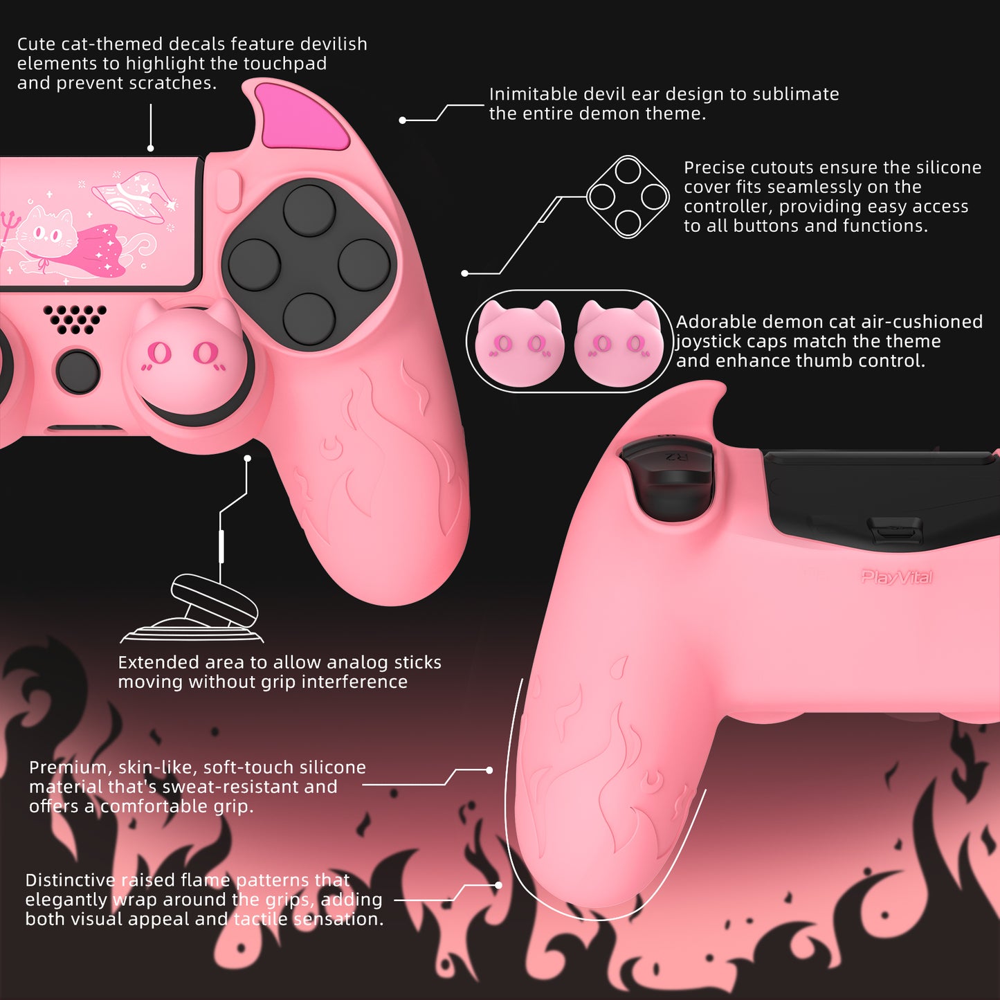 PlayVital キュートデーモン シリコンカバー グリッププロテクター サムグリップ&ステッカー付き PS4コントローラー用【ピンク】