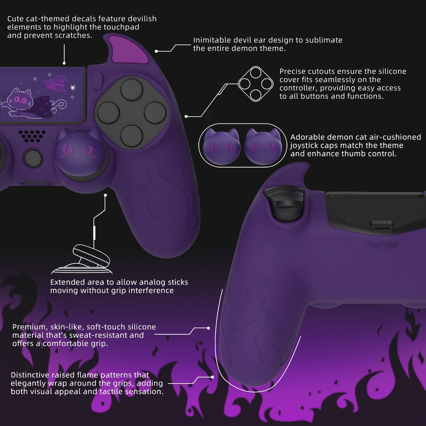 PlayVital キュートデーモン シリコンカバー グリッププロテクター サムグリップ&ステッカー付き PS4コントローラー用【パープル】
