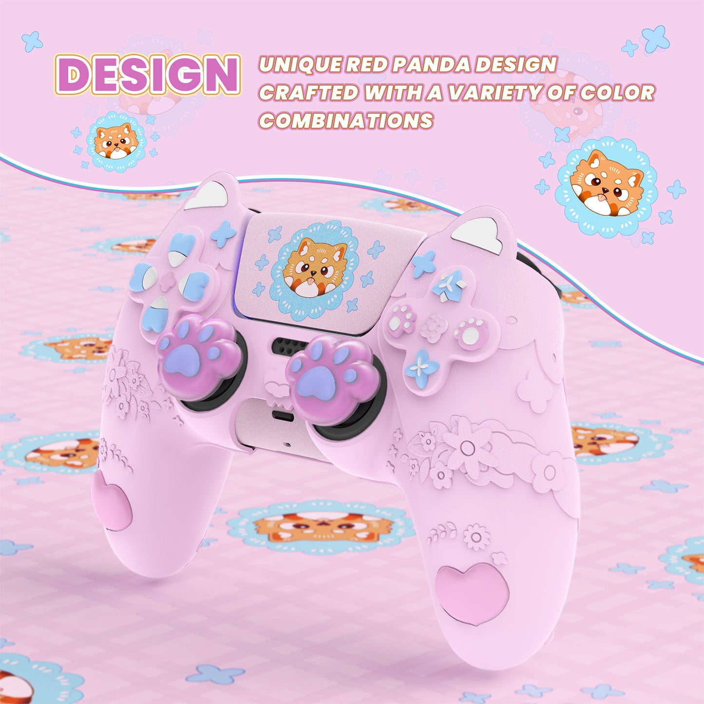 PlayVital かわいい春のレッサーパンダ シリコンカバー(ジョイスティックキャップ&ステッカー付き)PS5 コントローラー用 – 充電スタンド対応【コットンキャンディピンク】