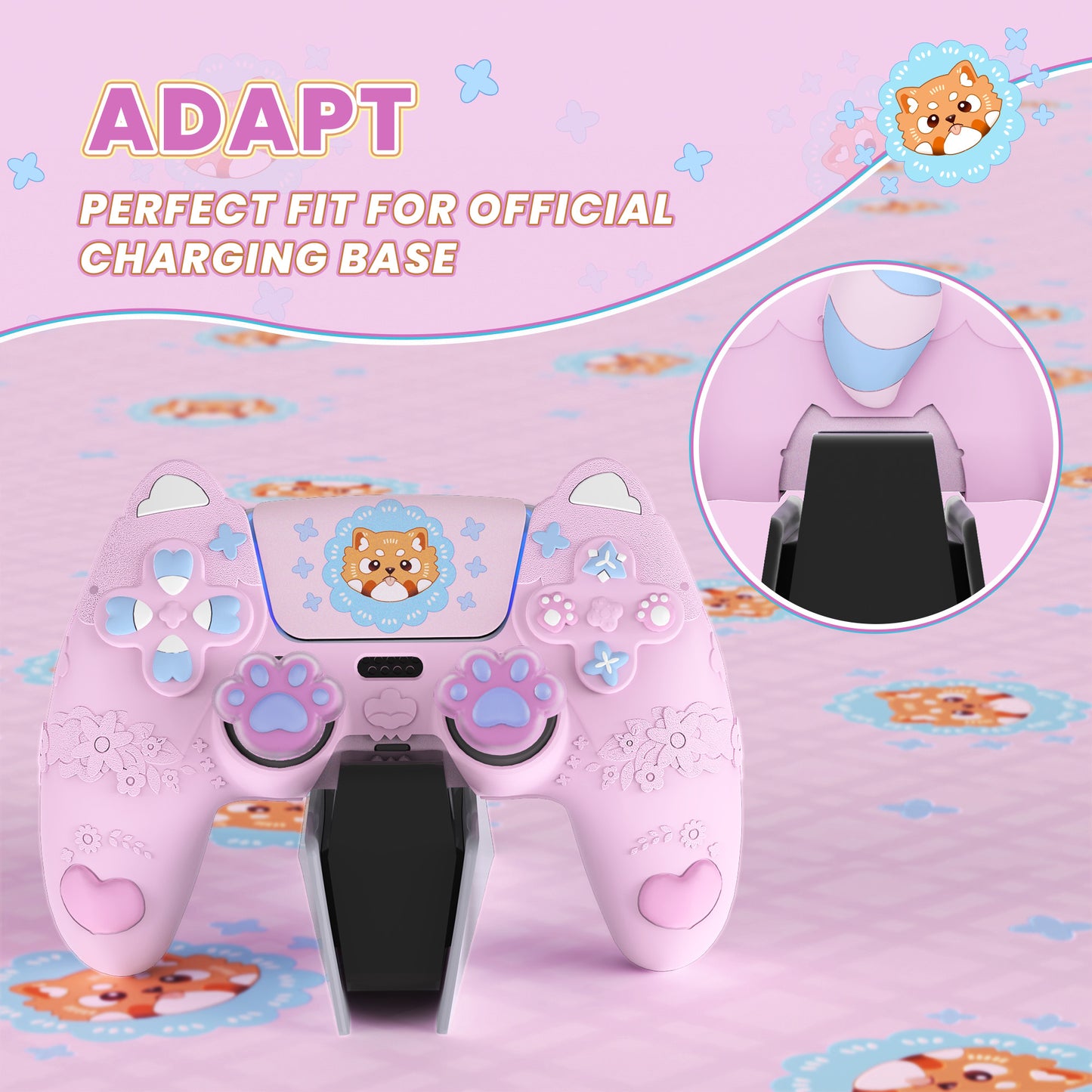 PlayVital かわいい春のレッサーパンダ シリコンカバー(ジョイスティックキャップ&ステッカー付き)PS5 コントローラー用 – 充電スタンド対応【コットンキャンディピンク】