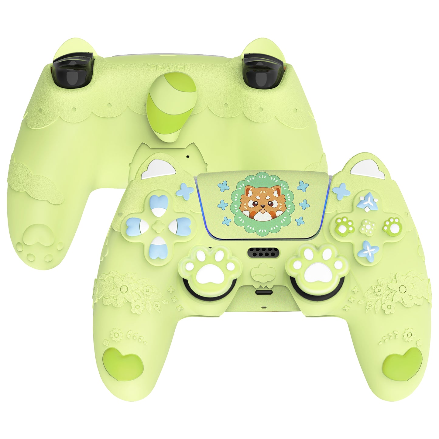 PlayVital かわいい春のレッサーパンダ シリコンカバー(ジョイスティックキャップ&ステッカー付き)PS5 コントローラー用 – 充電スタンド対応【ユーストマグリーン】